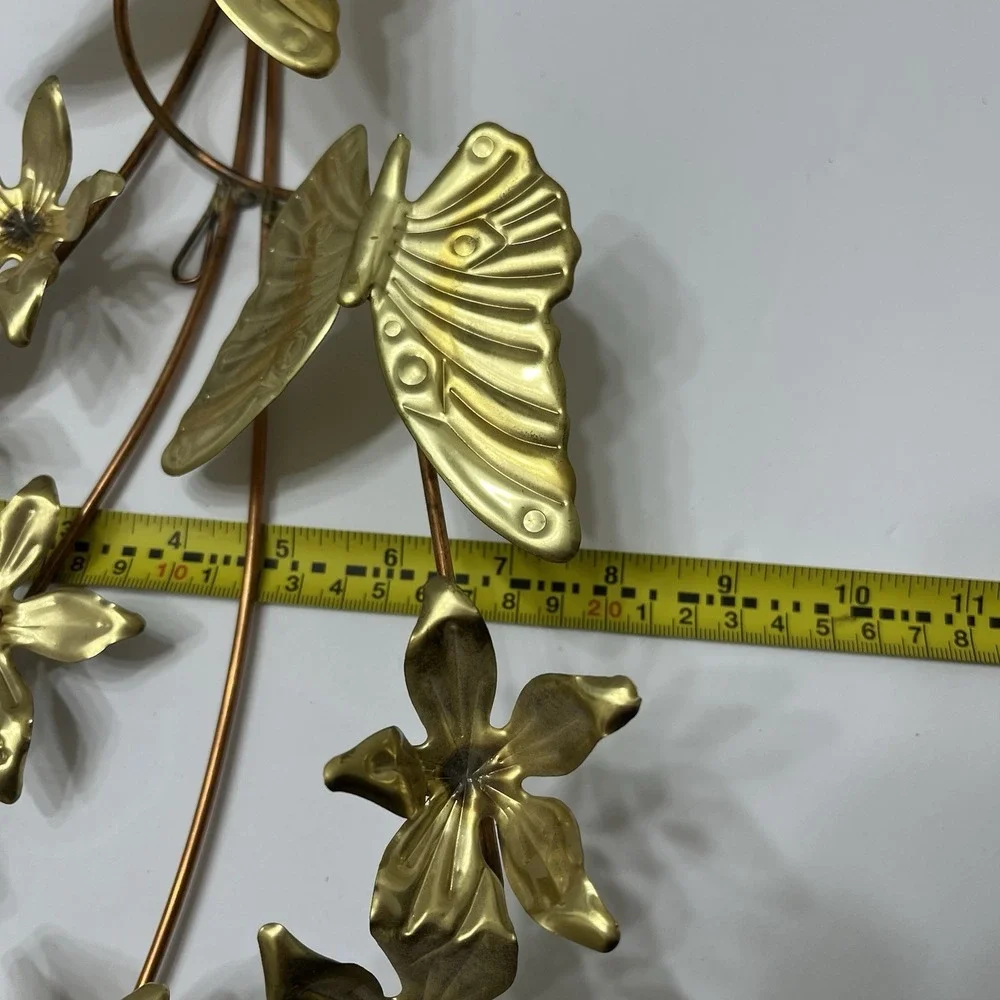Vintage MCM Brass Wall Decor Butterflies Flowers Copper Toned Branches 25x9
